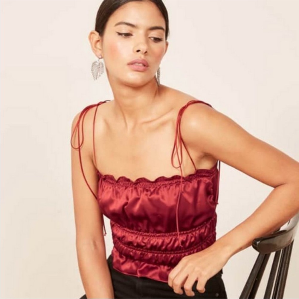 Reformation Viviana Silk Tiered Ruched Ruffle Tie Strap Cropped Top Deep Red